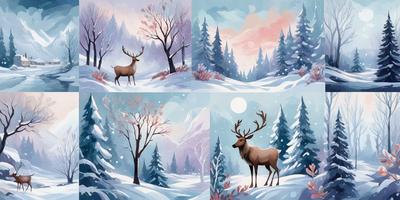 Primary subject: Deer
Setting/background: Snowy forest
Visual style: Digital art
Colors and mood: Pink, blue, and white